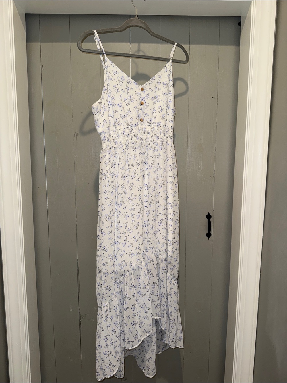 Liberty Love White and Light Blue Floral High-Low Maxi Dress